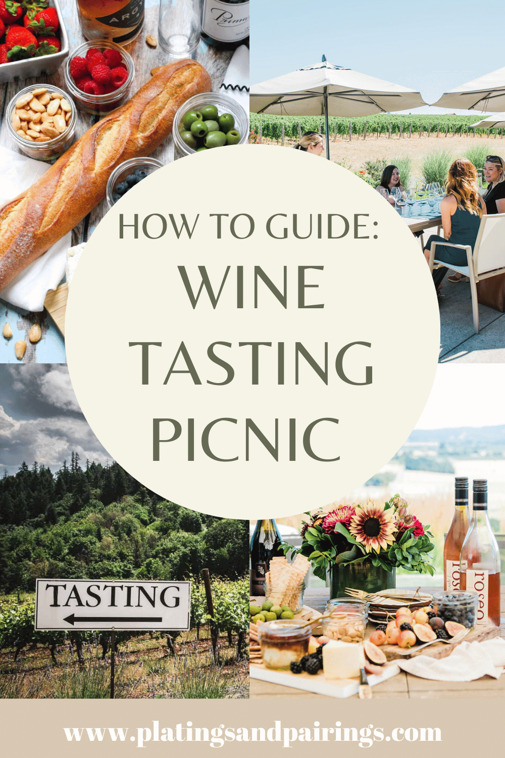 Collage of picnic in wine country and charcuterie board with text overlay.