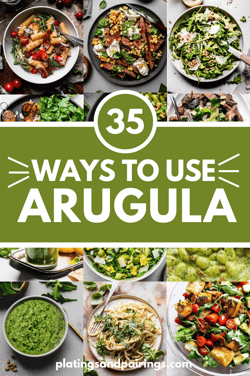 Collage of arugula recipes with text overlay.