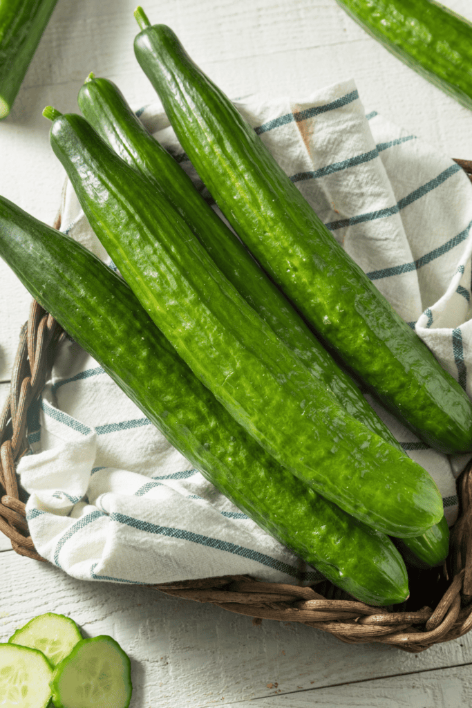 English cucumbers on towel. 