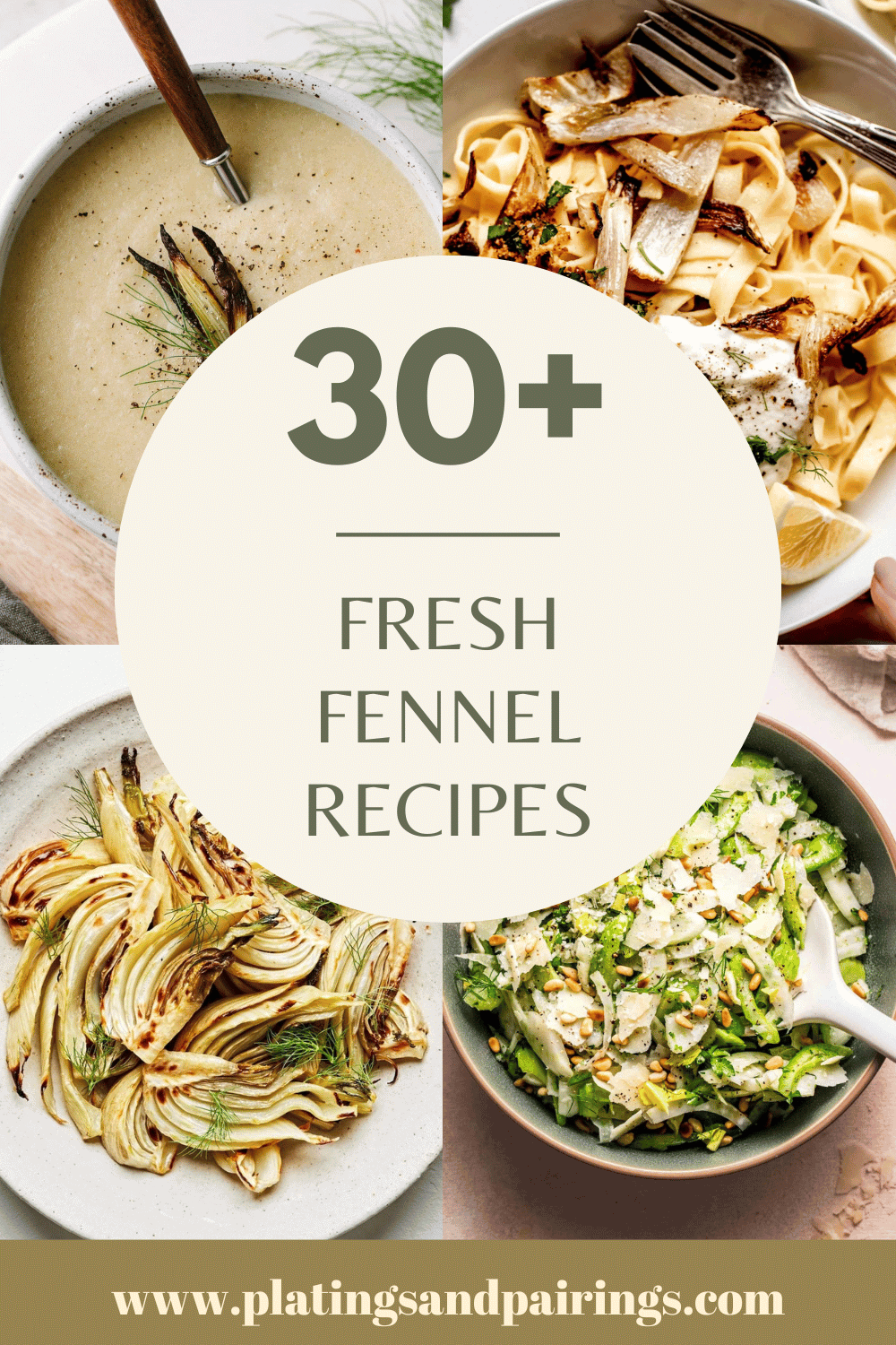 Collage of fennel recipes with text overlay.