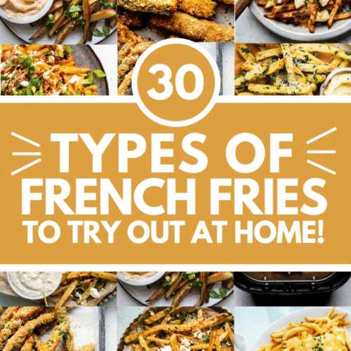 COLLAGE OF TYPES OF FRIES WITH TEXT OVERLAY.