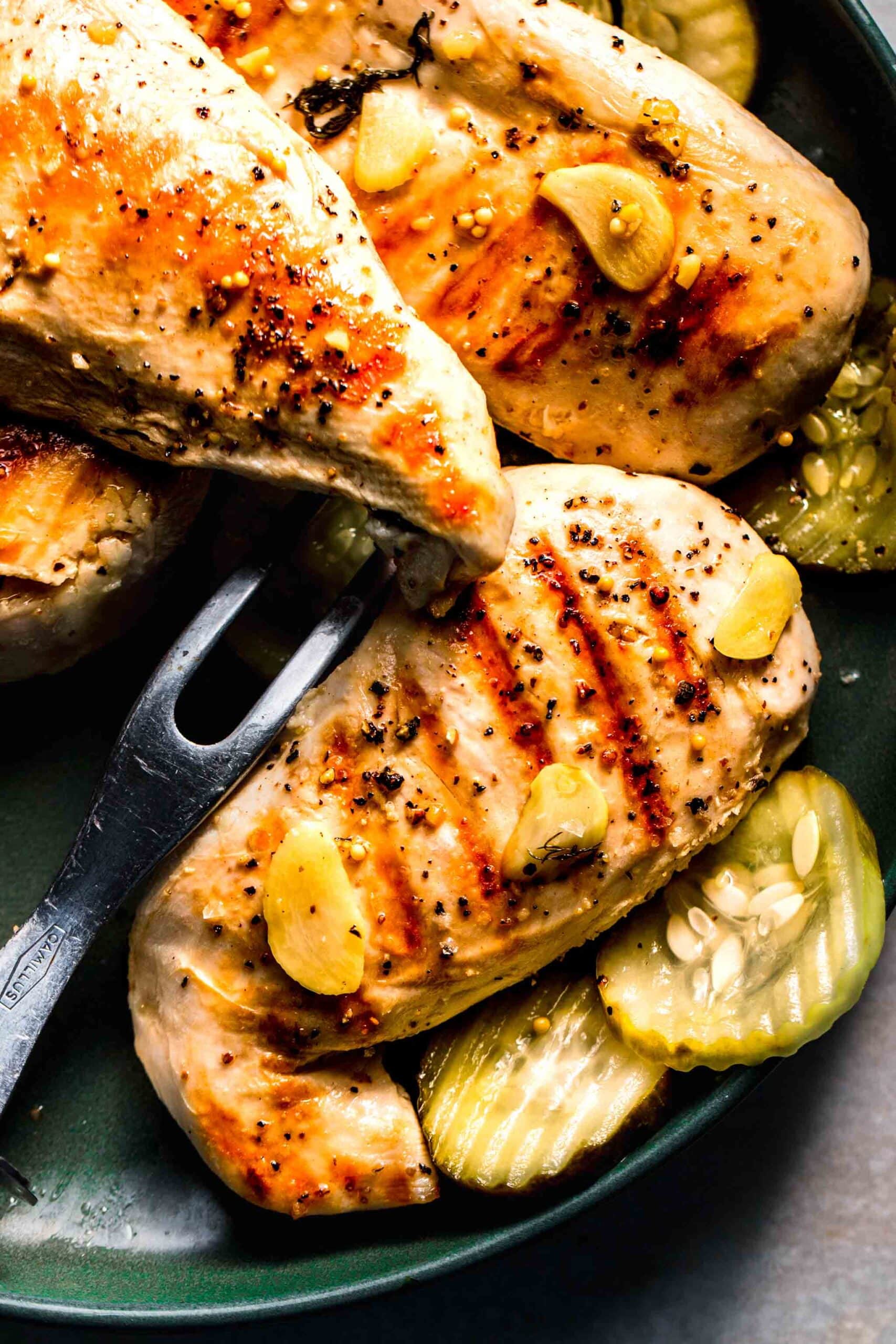 Grilled chicken breast surrounded by pickles.