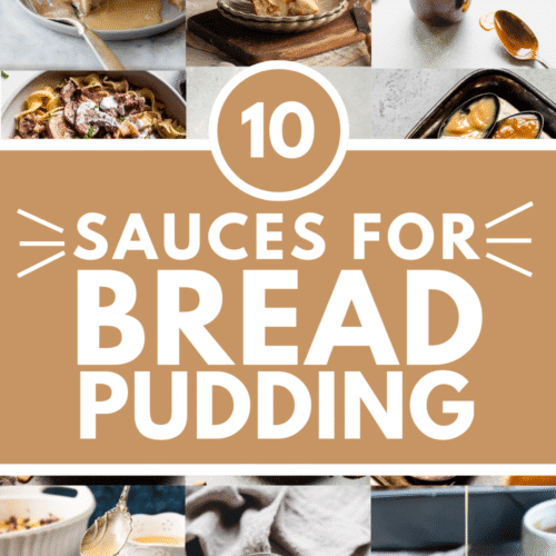 Collage of sauces for bread pudding with text overlay.