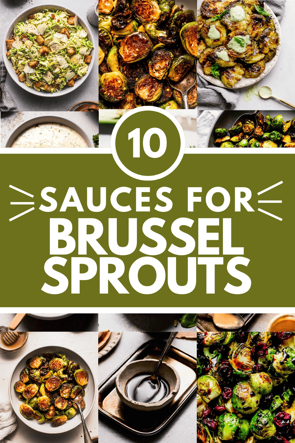 Collage of sauces for brussel sprouts with text overlay.
