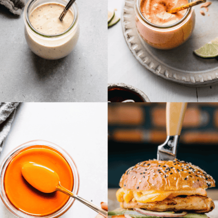 Collage of sauces for chicken sandwiches.