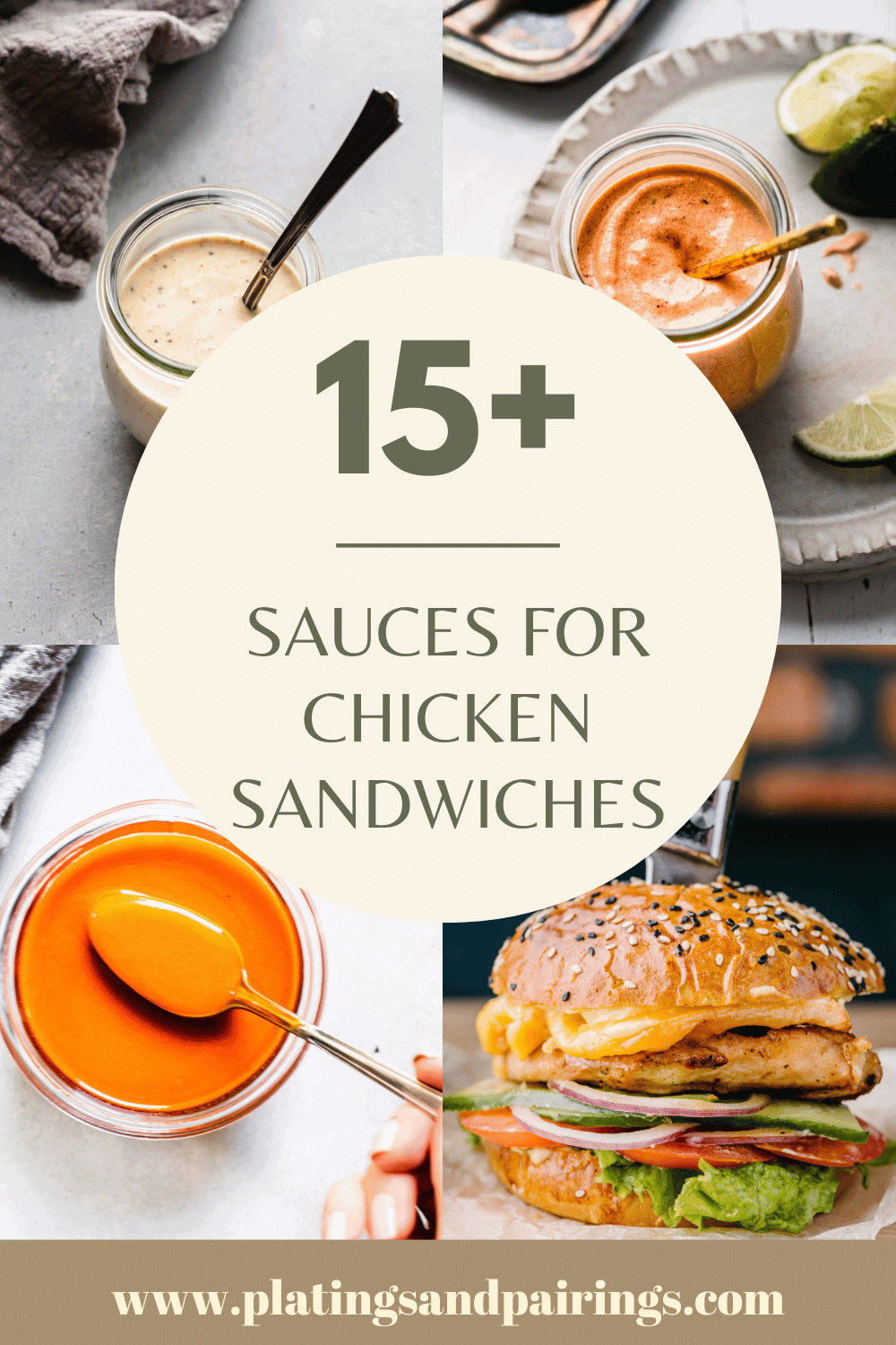 Collage of sauces for chicken sandwiches with text overlay.