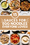 Collage of sauces for egg noodles with text overlay.