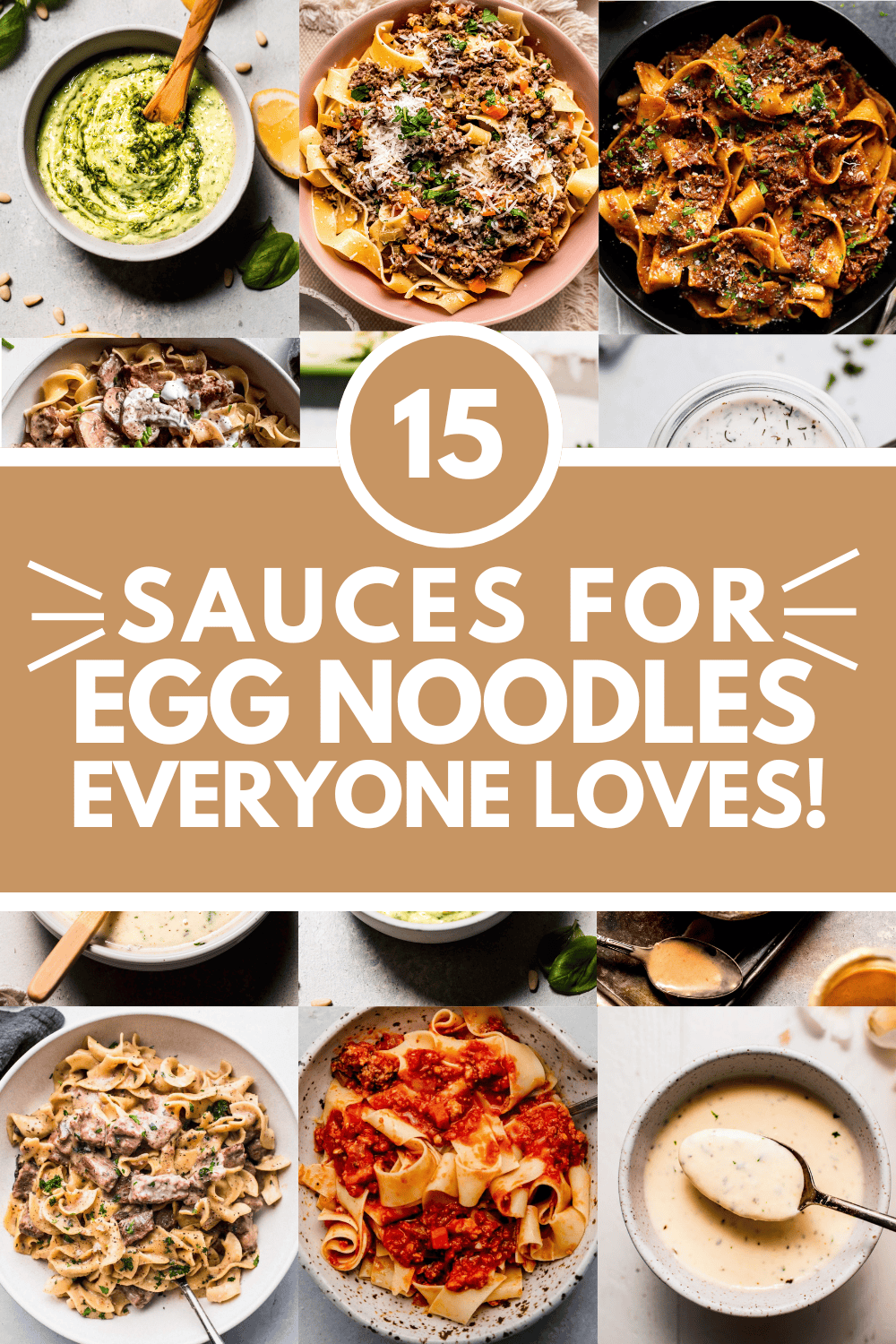 Collage of sauces for egg noodles with text overlay.