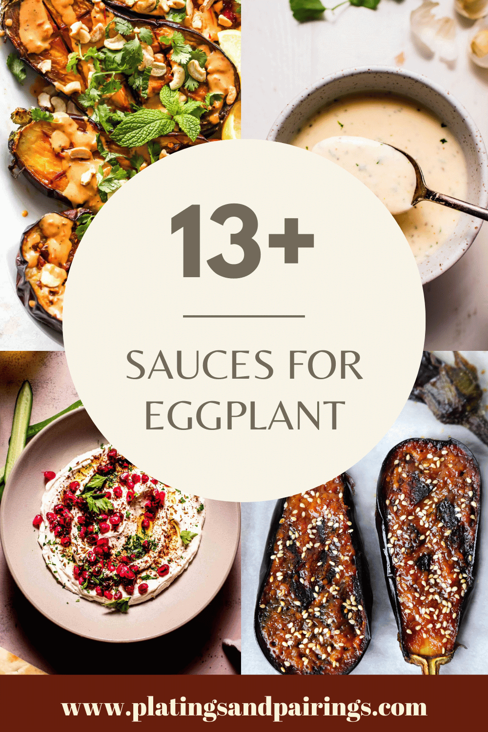 Collage of sauces for eggplant with text overlay.