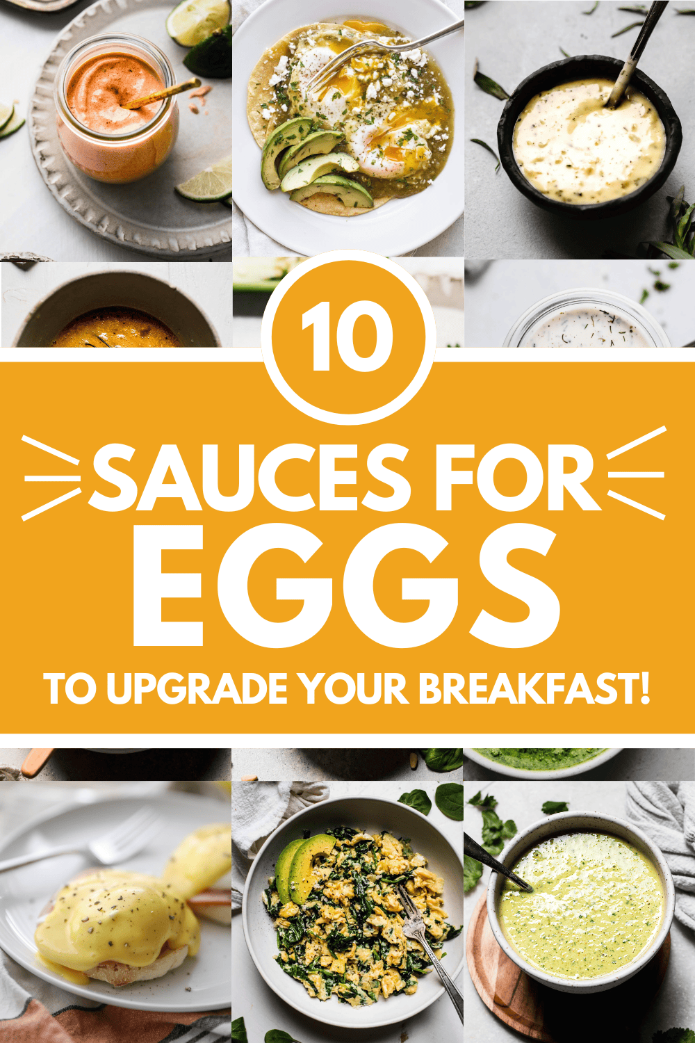 Collage of sauces for eggs with text overlay.