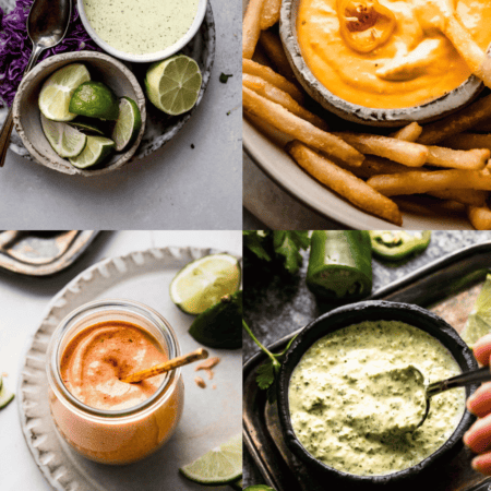 Collage of sauces for empanadas.