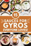 Collage of sauces for gyros with text overlay.
