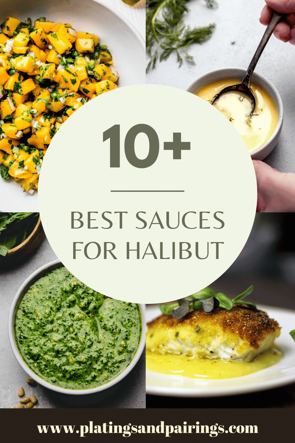 Collage of sauces for halibut with text overlay.