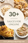 Collage of sauces for linguine with text overlay.