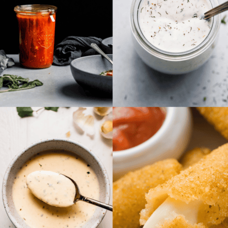 Collage of sauces for mozzarella sticks.