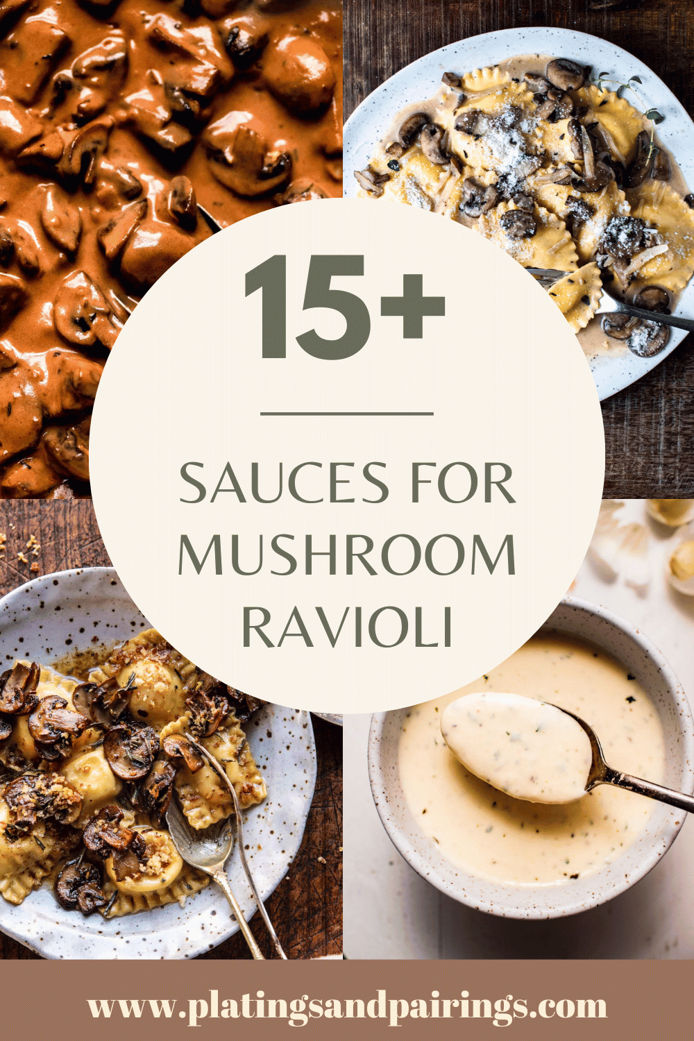 Collage of sauces for mushroom ravioli with text overlay.