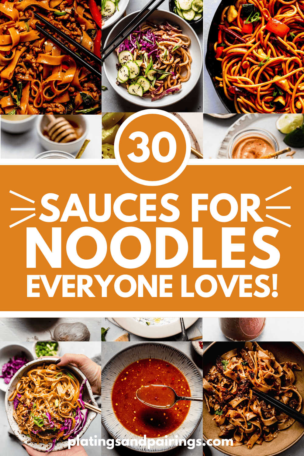 COLLAGE OF SAUCES FOR NOODLES WITH TEXT OVERLAY.