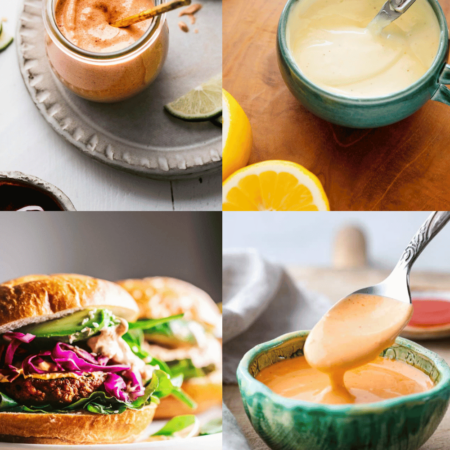 Collage of sauces for veggie burgers.