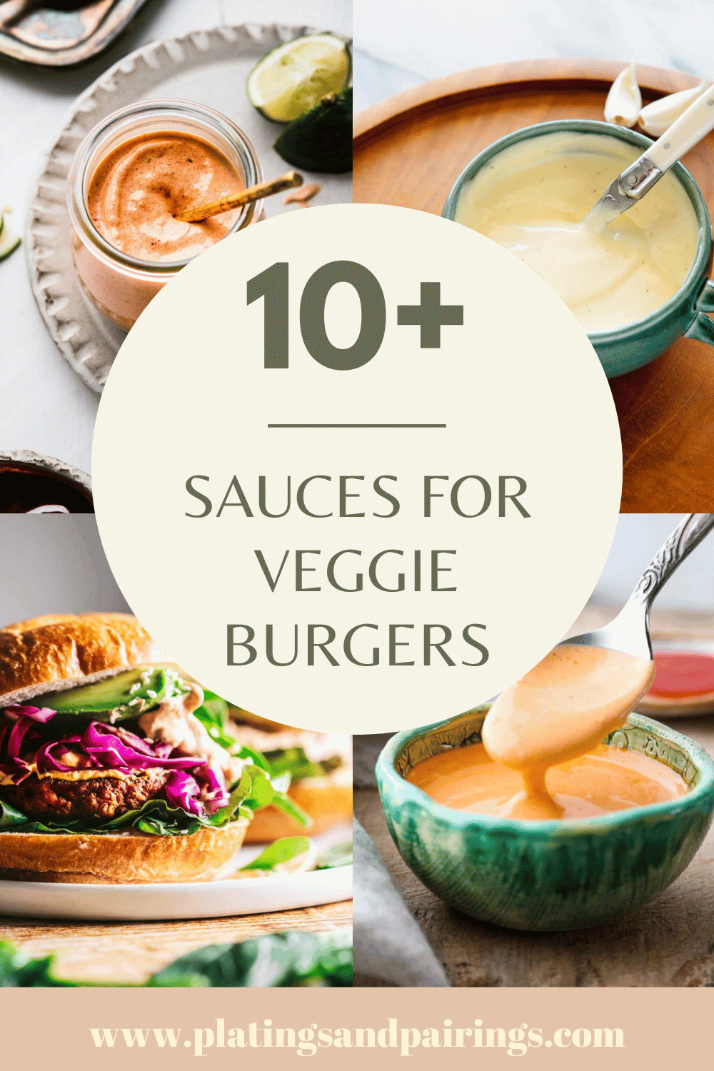 Collage of sauces for veggie burgers with text overlay.