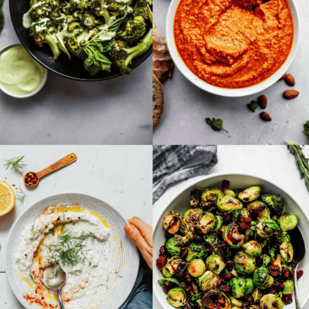 Collage of sauces for roasted vegetables.