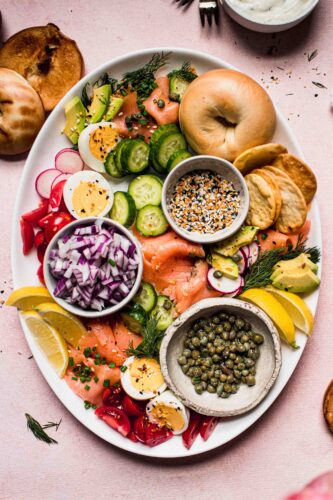 Smoked salmon platter ready to serve with bagels.