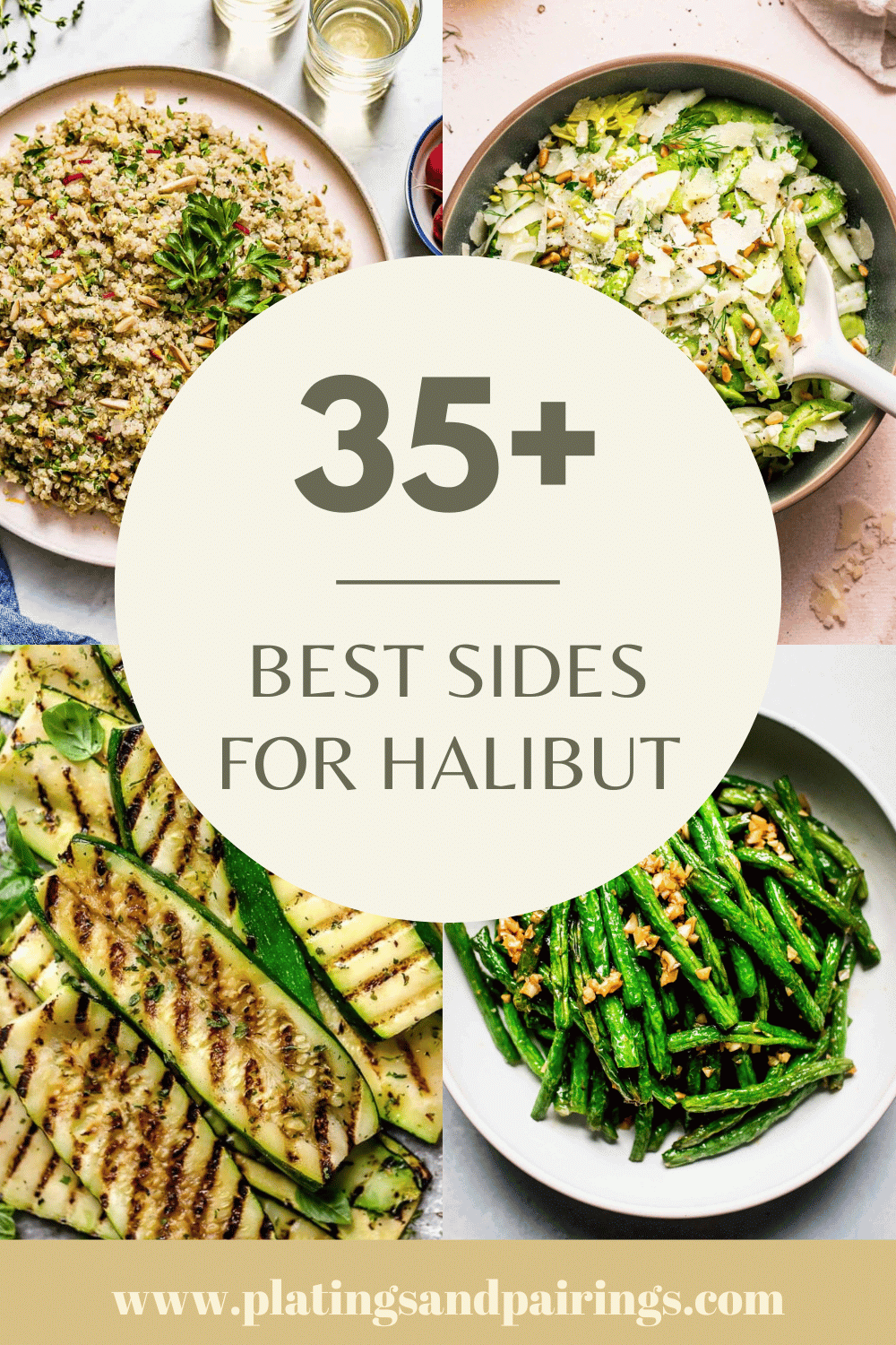 Collage of side dishes for halibut with text overlay.