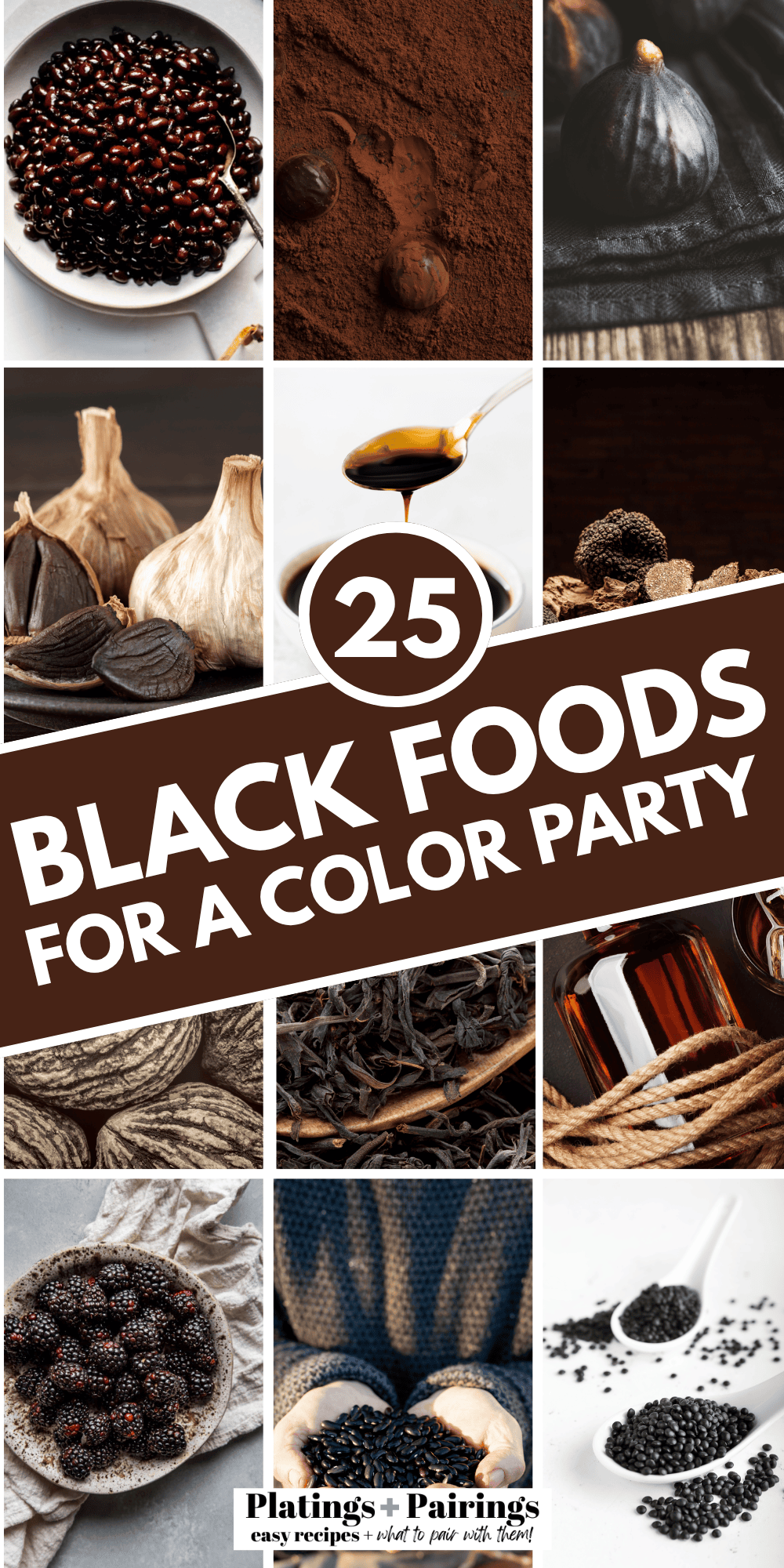 Collage of black colored foods with text overlay.