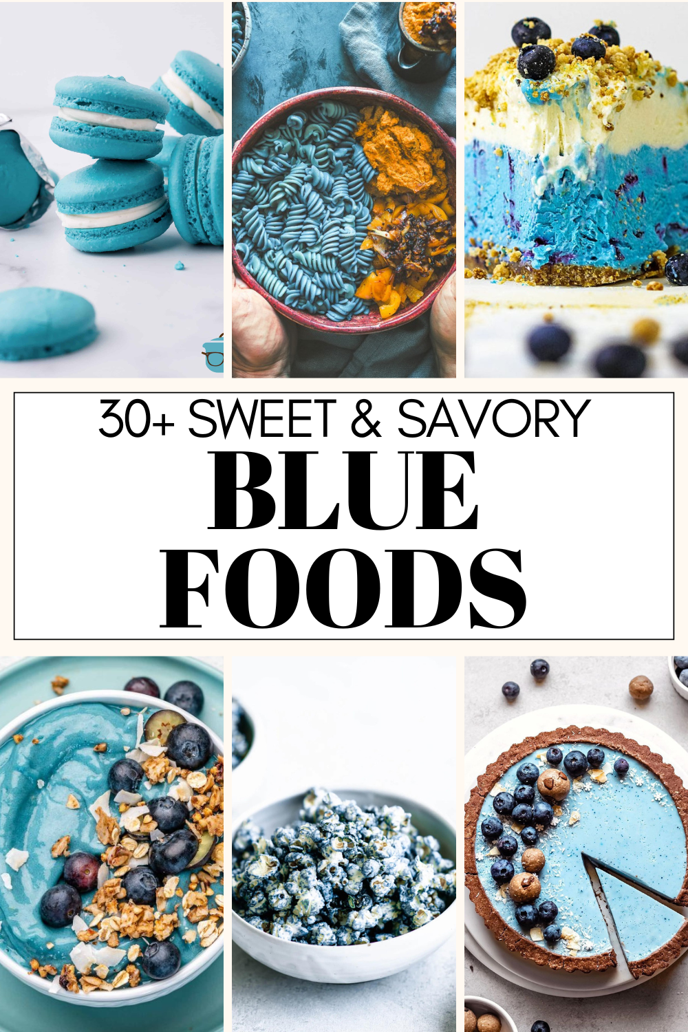 Collage of blue foods with text overlay.