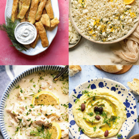 Collage of Greek side dishes.