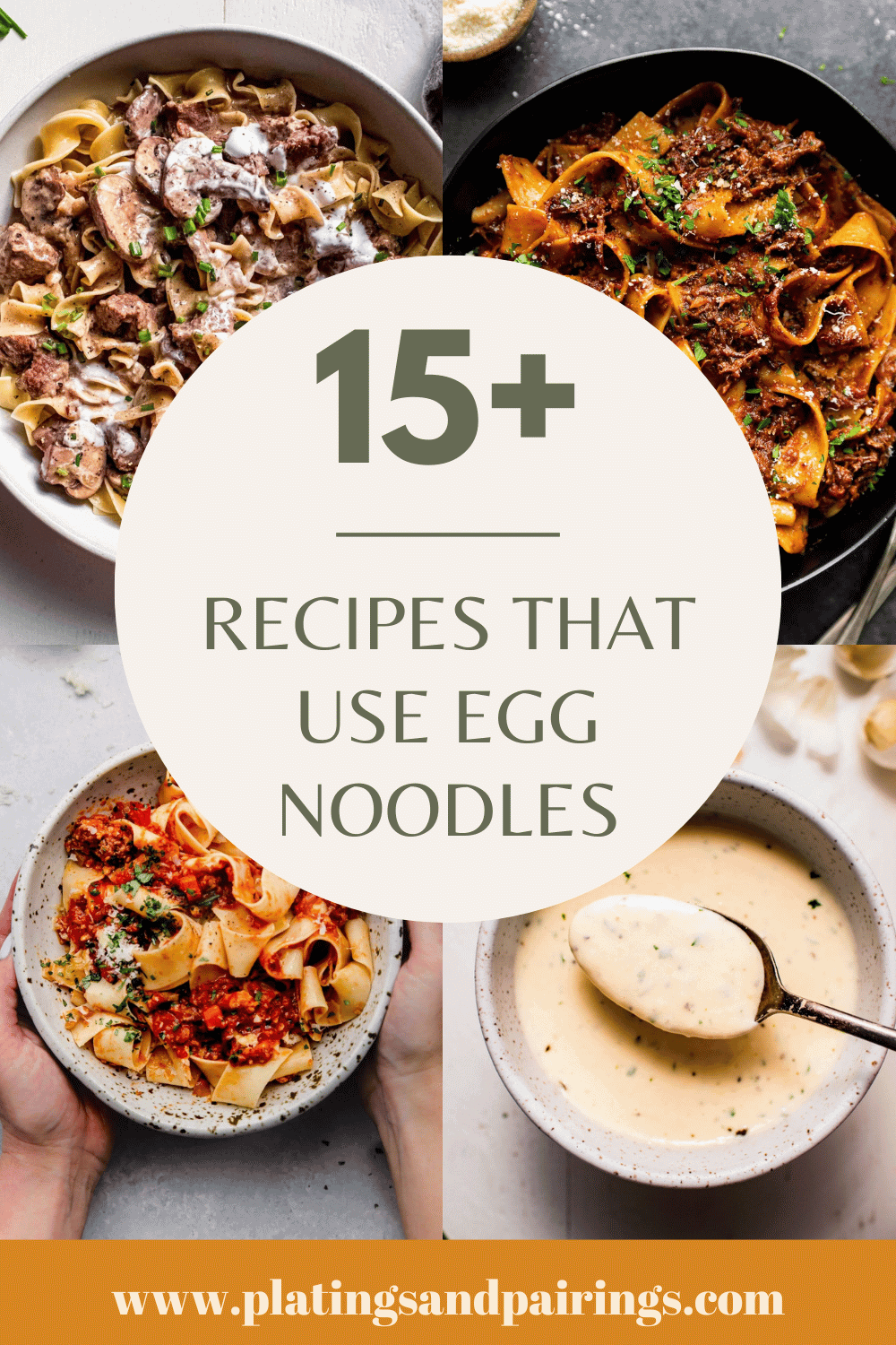 Collage of recipes that use egg noodles with text overlay.