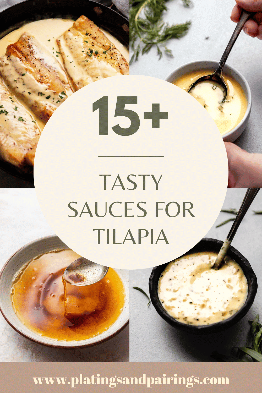 Collage of sauces for tilapia with text overlay.