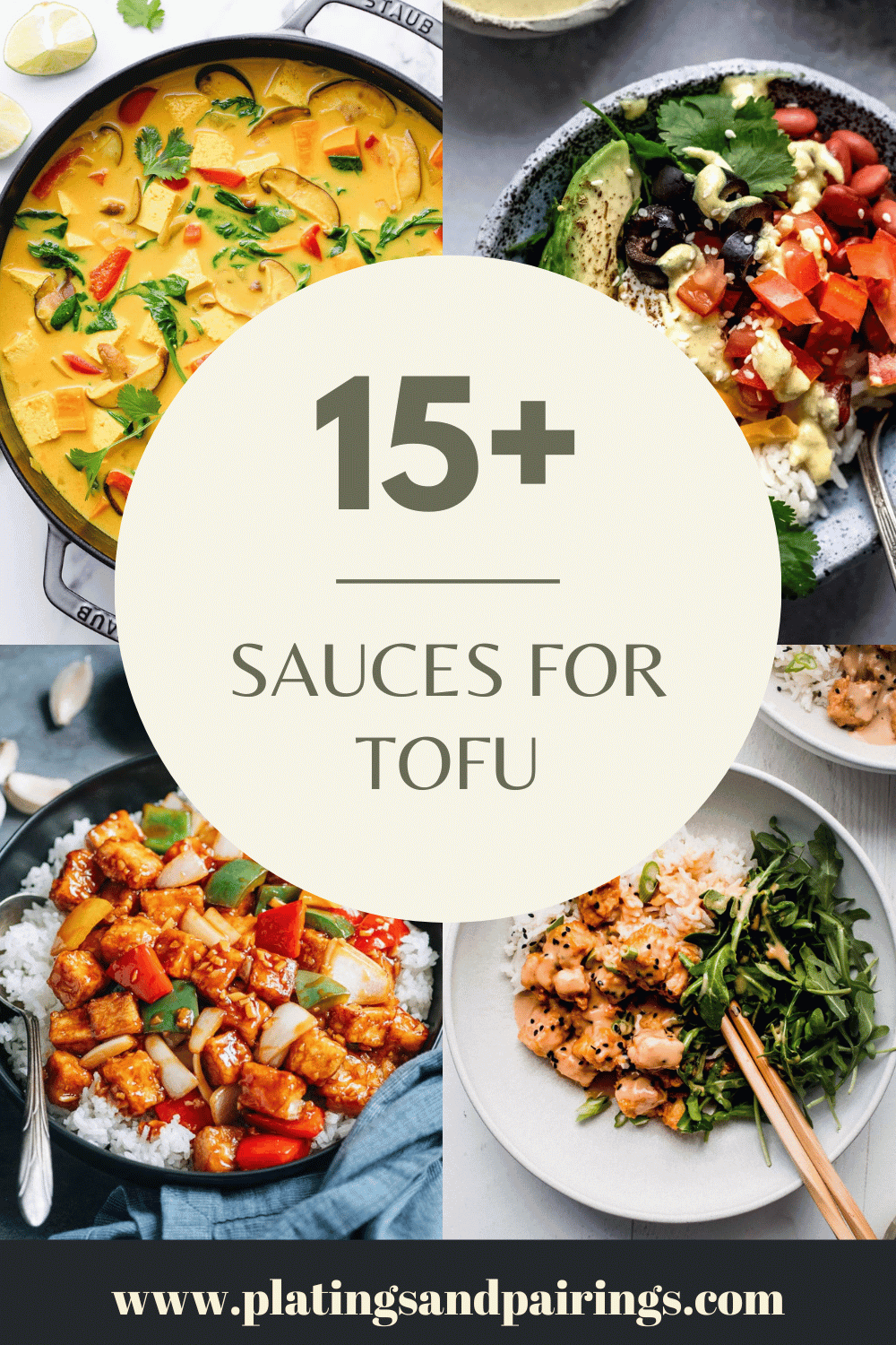 Collage of sauces for tofu with text overlay.