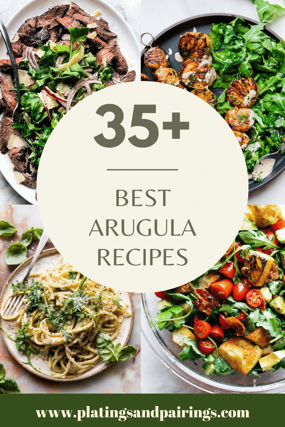 Collage of arugula recipes with text overlay.