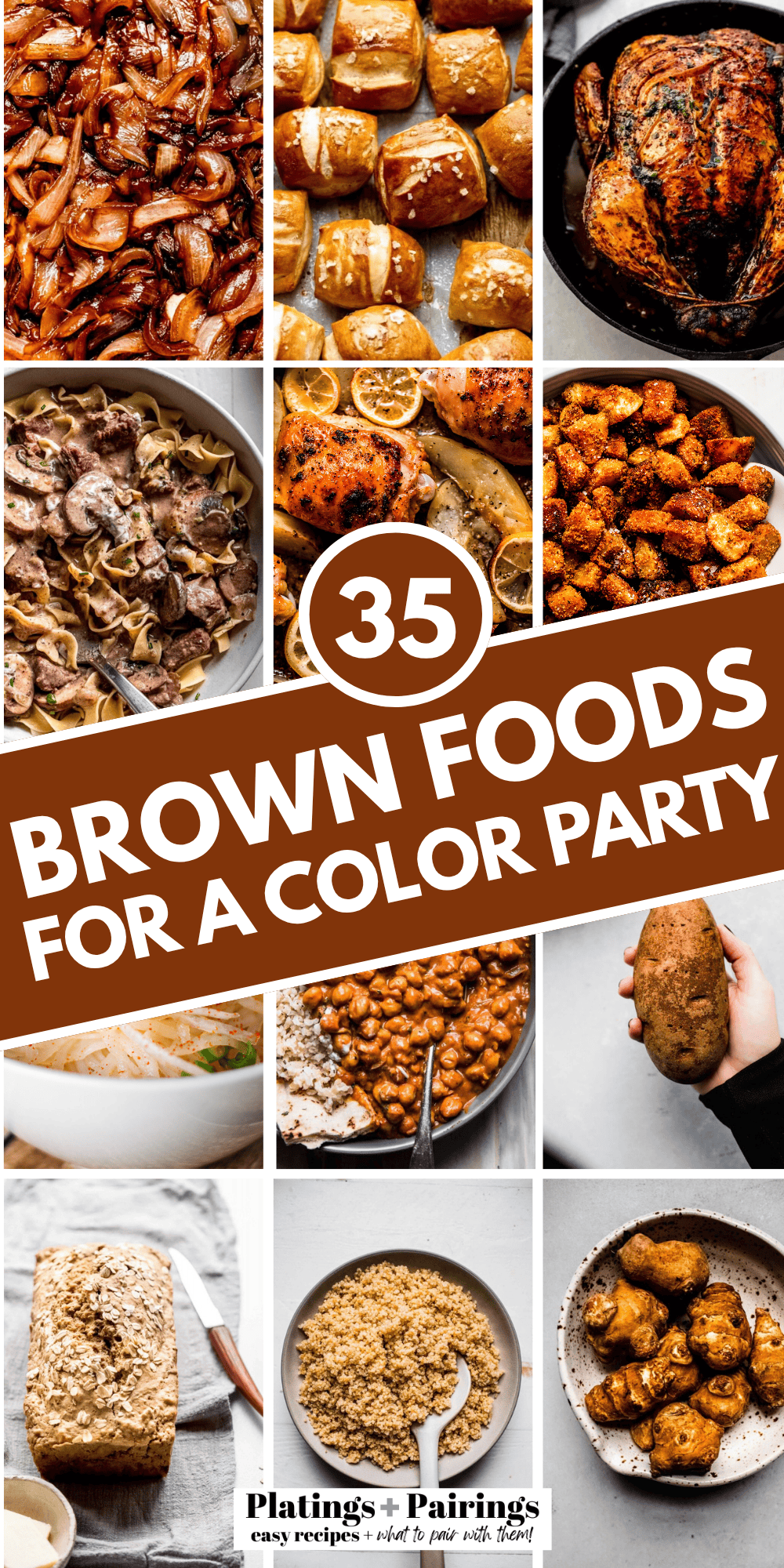 Collage of brown foods with text overlay.