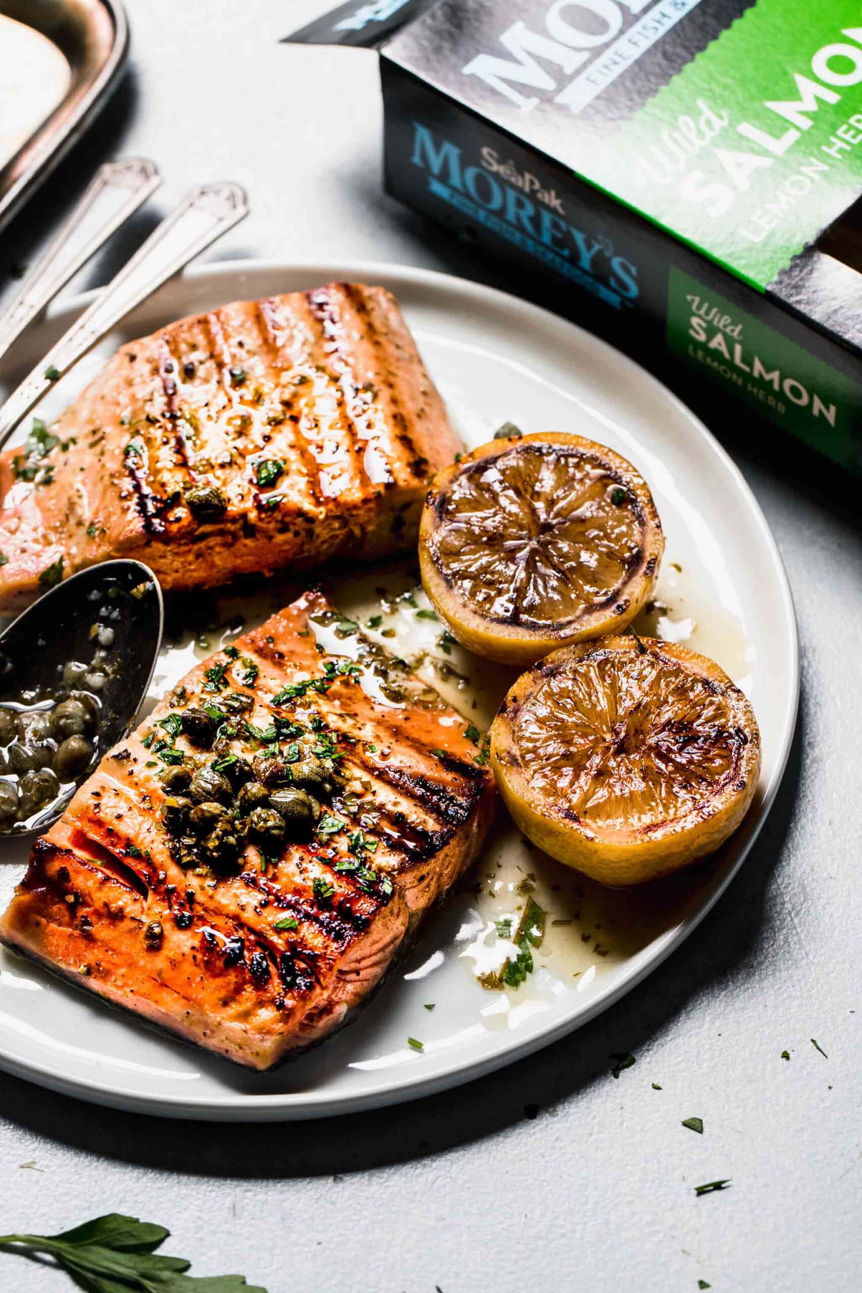 EASY Grilled Salmon with Lemon Butter Caper Sauce Platings + Pairings