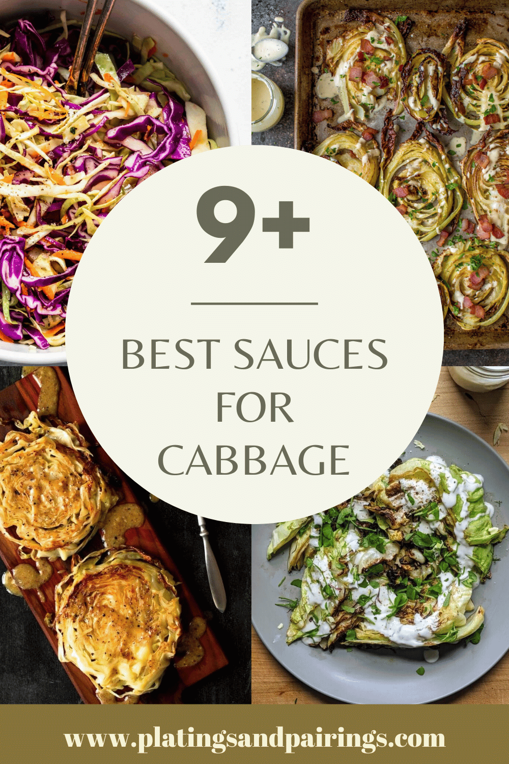 Collage of sauces for cabbage with text overlay.