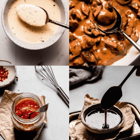 Collage of sauces for chicken & rice.