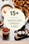Collage of sauces for chicken & rice with text overlay.
