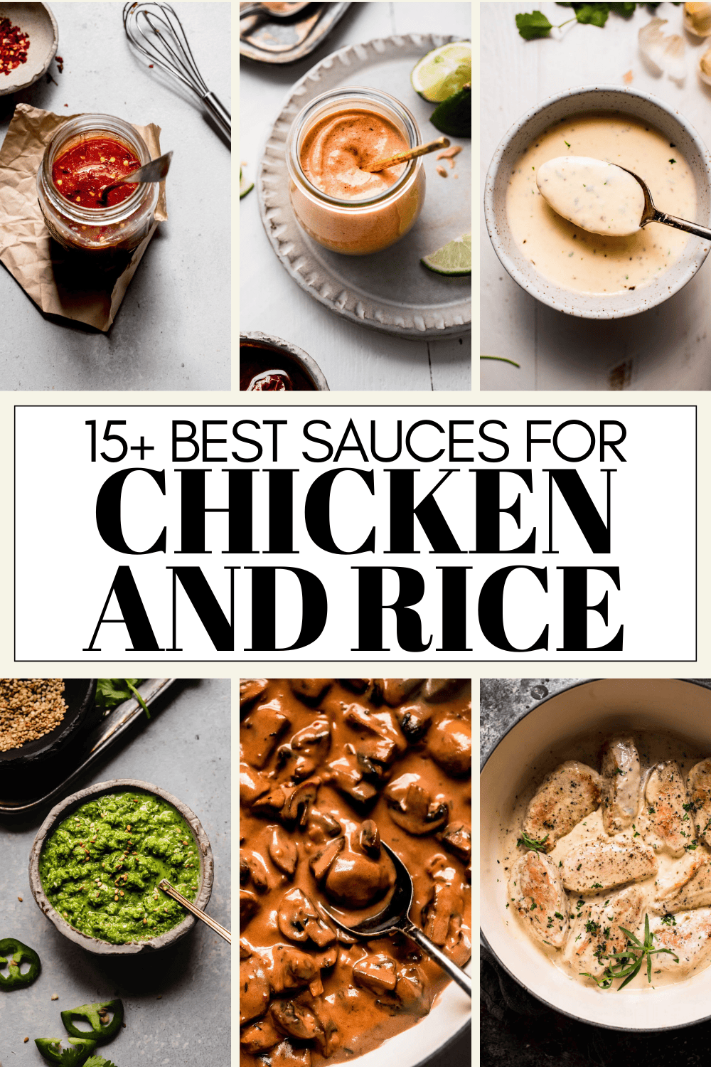 Collage of sauces for chicken & rice with text overlay.
