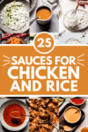 Collage of sauces for chicken & rice with text overlay.