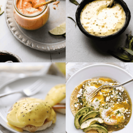 Collage of sauces for eggs.