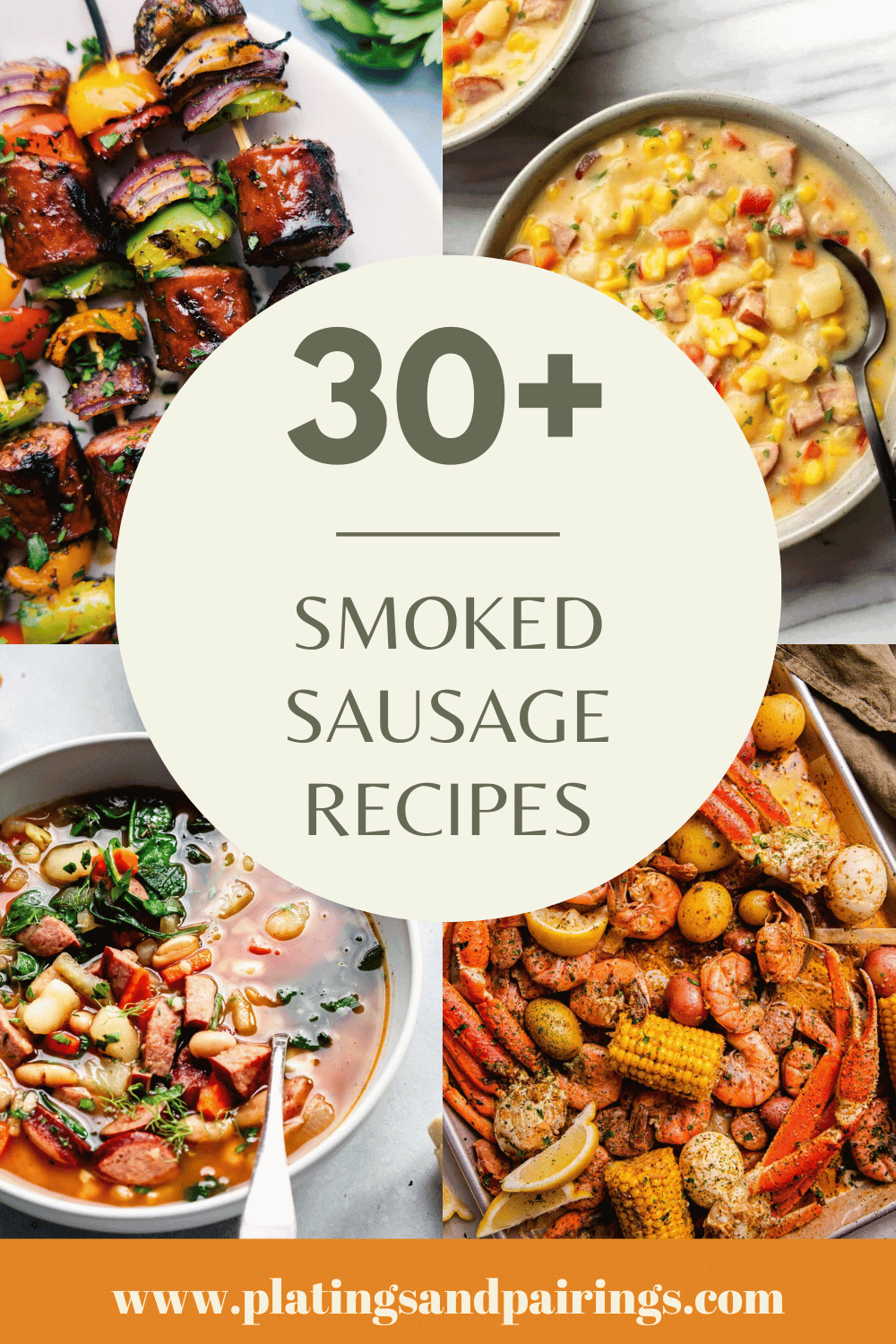 Collage of smoked sausage recipes with text overlay.