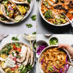 Collage of recipes that use leftover rotisserie chicken.