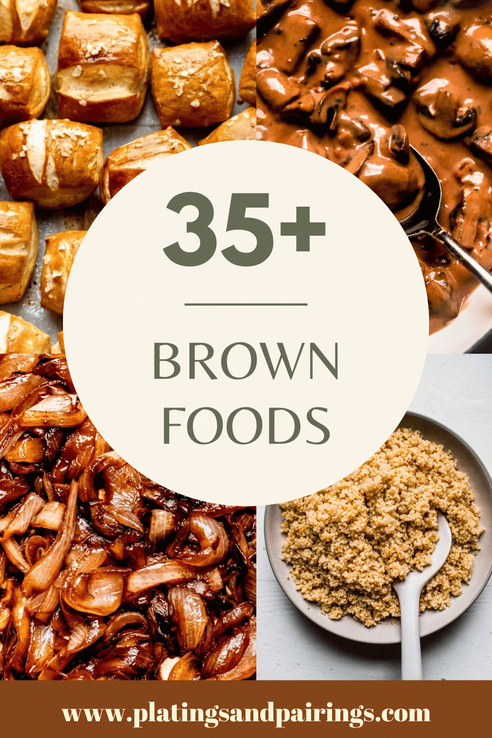 Collage of brown foods with text overlay.