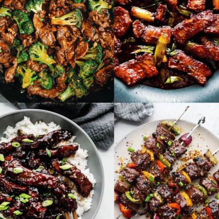 Collage of Chinese beef recipes.
