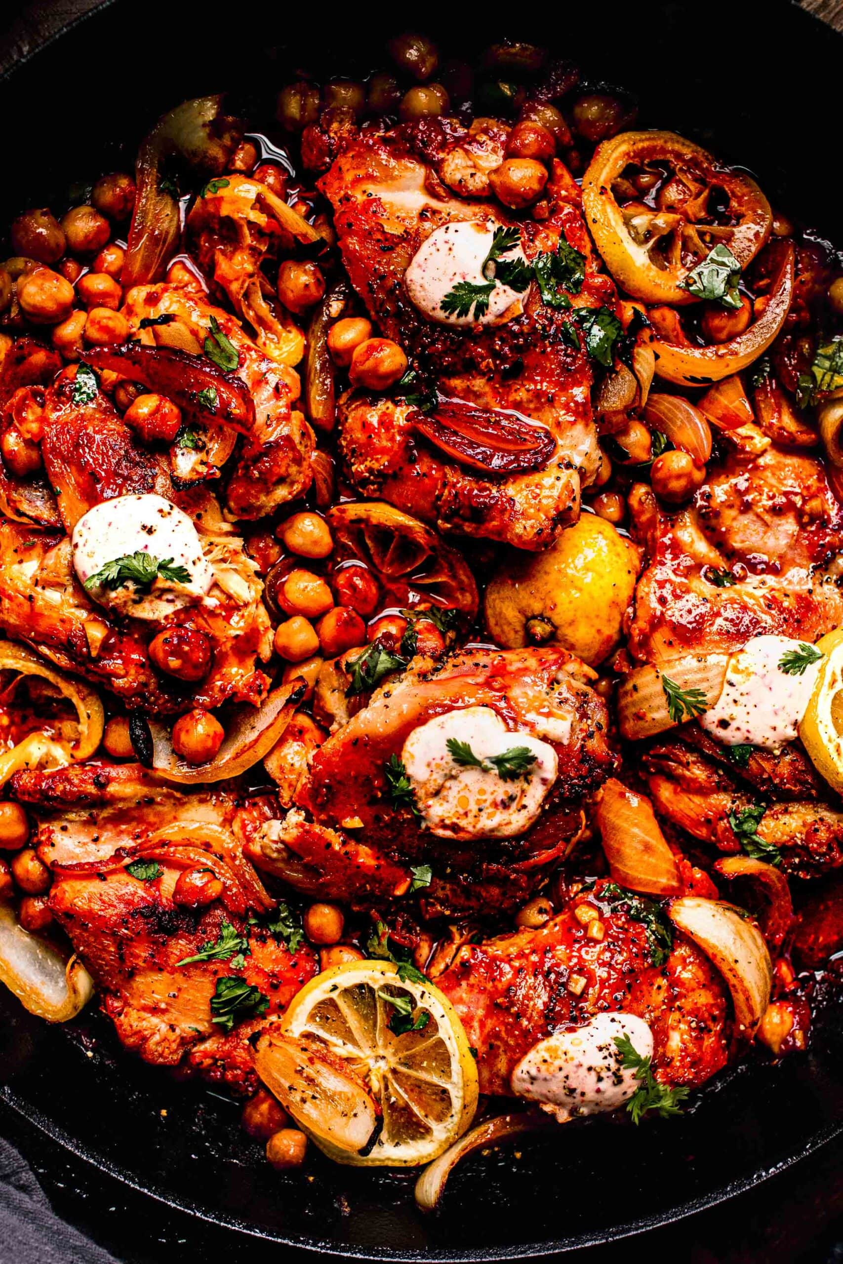 One Skillet Harissa Chicken with Chickpeas