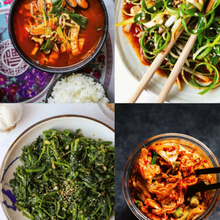 Collage of Korean side dishes.
