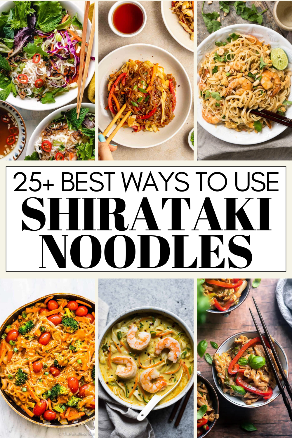 Collage of shirataki noodle recipes with text overlay.