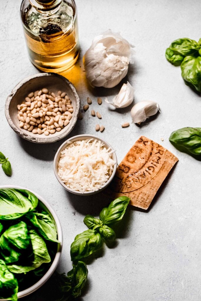 Ingredients for pesto on counter.