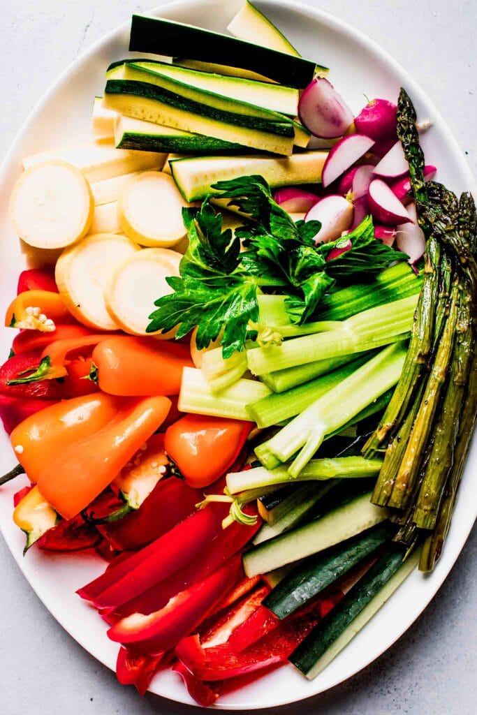 Overhead close up of vegetable sticks on platter.